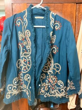 Soft Surroundings Embroidered women's Open Jacket size Small Teal Fringe